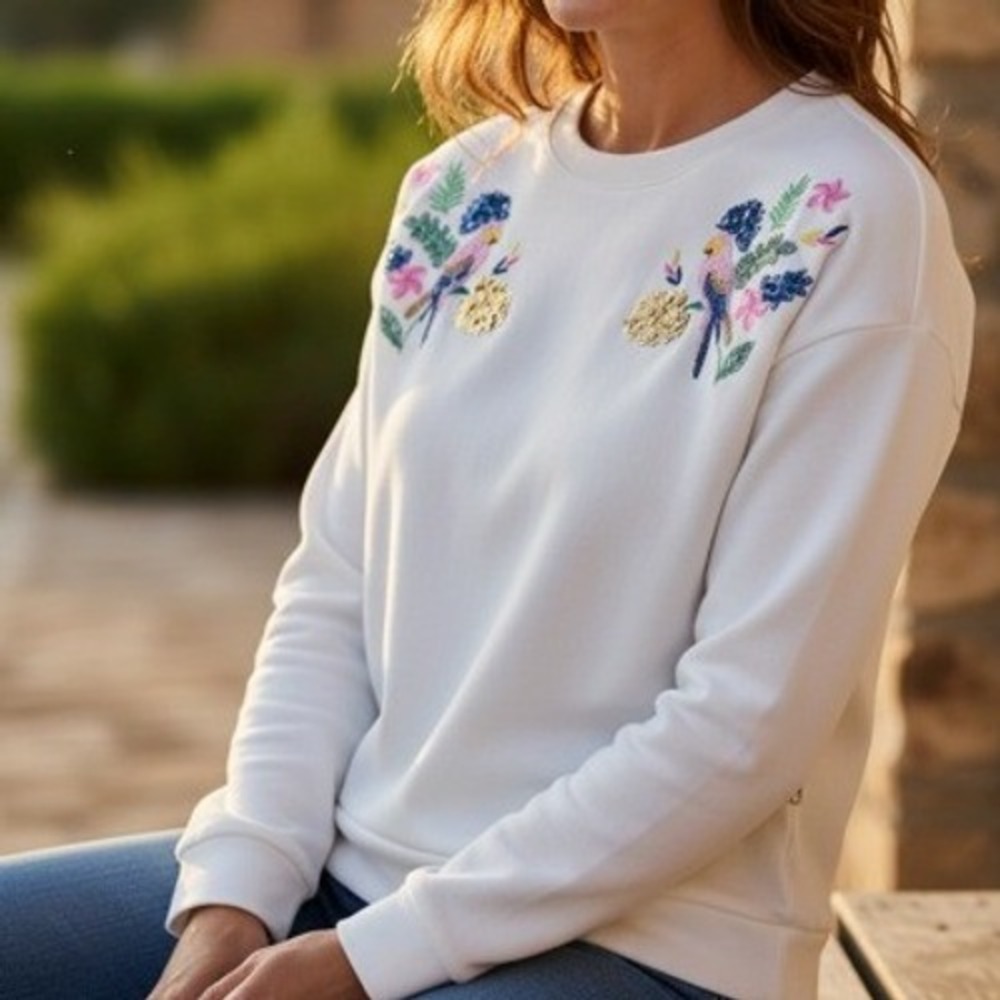Lilly‎ Pulitzer White Parrot Sequin Tropical Embroidered Crew Neck Sweatshirt
